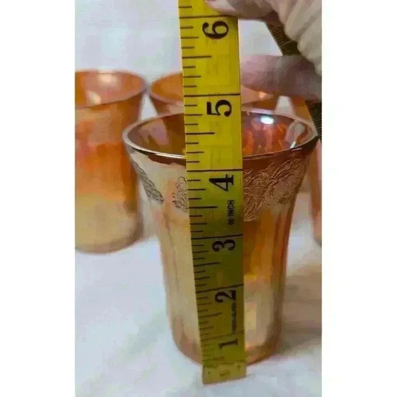 Set Of 4 Iridescent Carnival Drinking Glasses Fruit Motif 4" x3-1/4" Amber Color - Picture 13 of 14